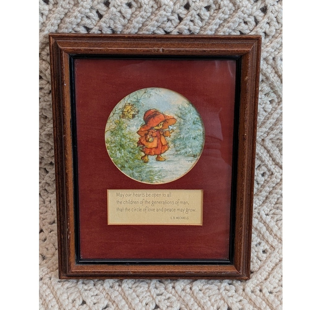 Vintage EB Michaels Framed Art Print Child in Red Coat‎ Quote Wood Frame 1979